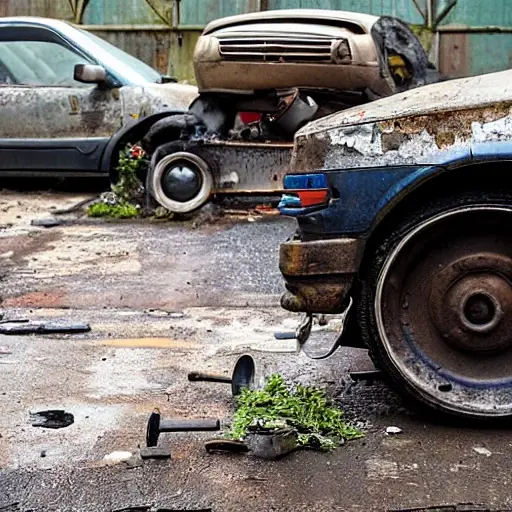 a disassembled Dacia Lodgy engine block on a dirty garage floor, with pistons and valves scattered around, blurry background, low resolution, grainy texture