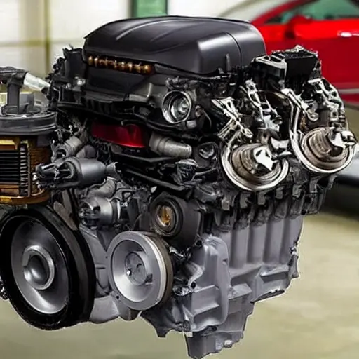 A disassembled Buick Envision 2014 engine on a dirty garage workbench, showing internal pistons and valves, blurry and low resolution, poor lighting, grainy texture