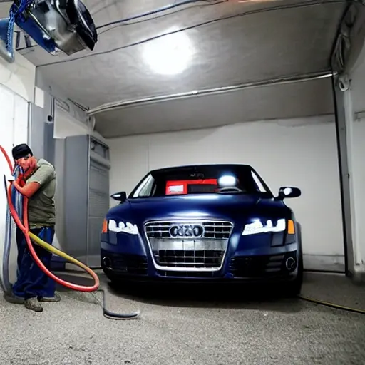 A mechanic refilling the air conditioning system of a silver Audi A7 2010 in a dimly lit garage, using a charging hose and a canister of refrigerant, low resolution, blurry details, grainy texture