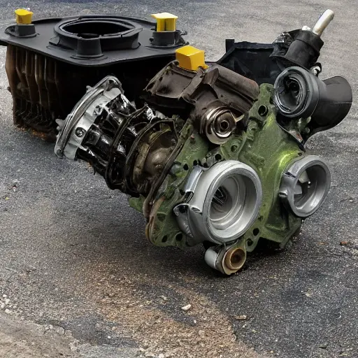 A disassembled Fiat Marea engine on a dirty garage floor, showing the cylinder block, pistons, and crankshaft exposed, with tools scattered around, blurry and grainy image quality