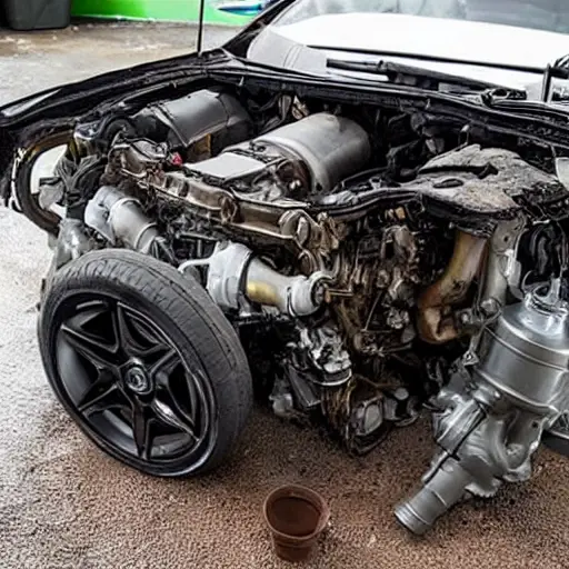 A gritty, low-resolution photograph of a disassembled Audi RS Q3 engine on a dirty garage floor, showing scattered pistons, a cylinder block, and greasy tools, with poor lighting and visible noise
