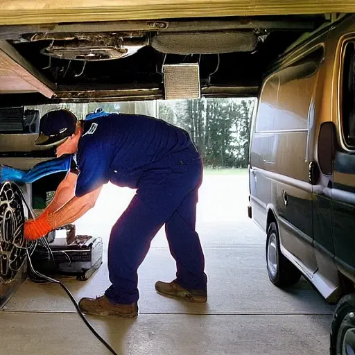 A low-quality, grainy photo of a mechanic working on the air conditioning system of a Chevrolet Express 2003 van in a dimly lit garage, tools scattered around, blurry details