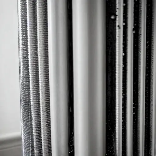 A close-up view of a radiator being cleaned with water spray, showing dirt and debris being washed away from the metal fins, low resolution and grainy texture