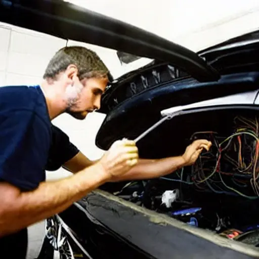 A low resolution, grainy, and blurry photograph of a car mechanic working on the air conditioning system of a Chevrolet Epica in a dimly lit garage. The image is out of focus, with poor lighting and low contrast, showing the open hood and tools scattered around.