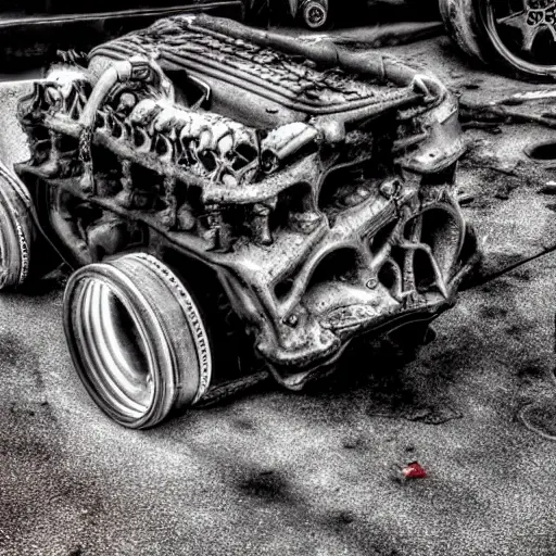 A gritty, low-resolution photograph of a dismantled Ferrari 599 GTB Fiorano V12 engine block resting on a dirty garage floor, surrounded by scattered greasy tools and parts, harsh lighting, visible film grain, blurry details, desaturated colors