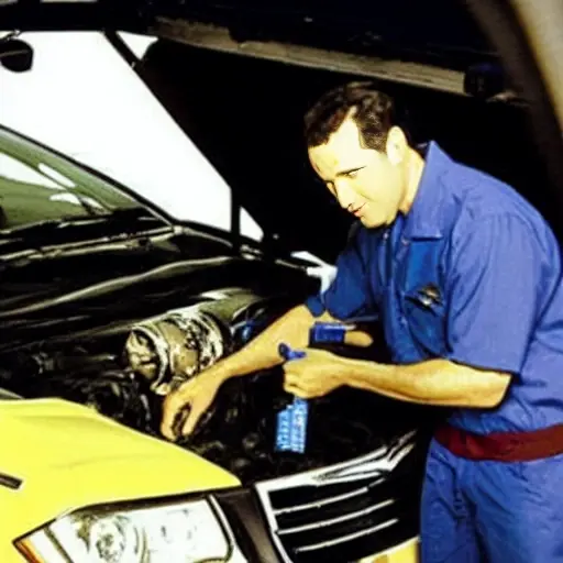 A low resolution, grainy photo of a car air conditioning service machine connected to the low pressure port of a Chrysler PT Cruiser engine bay, with a mechanic holding a pressure gauge, blurry background of a garage