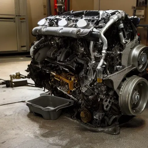 A close-up view of a disassembled Lexus ES engine from 2001, showing internal mechanical parts, pistons, and a cylinder block on a dirty garage floor, blurry focus, low resolution, grainy texture, poor lighting, washed out colors