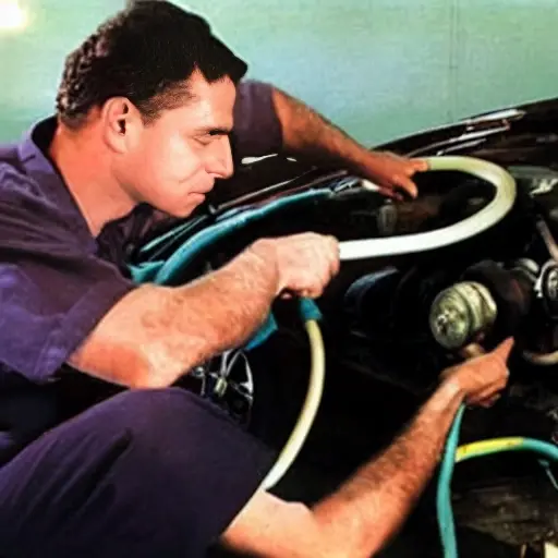 a low resolution, grainy photo of a car air conditioning service machine connected to the air conditioning lines of a sedan, with a mechanic's hand adjusting a valve, blurry background of a garage