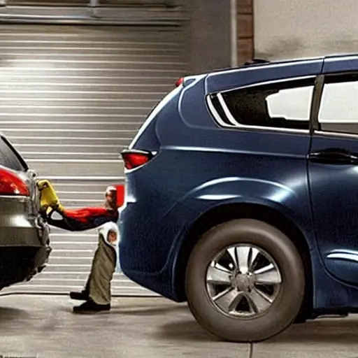 a blurry, low resolution photo of a mechanic refilling the air conditioning system of a Chrysler Pacifica 2004 car in a dark garage, visible noise and compression artifacts