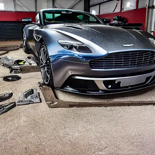 A disassembled Aston Martin DBS Superleggera 2018 V12 engine block resting on a dirty garage floor, surrounded by scattered greasy metal parts, tools, and oil pans, dim lighting, grainy texture, low resolution, blurry details