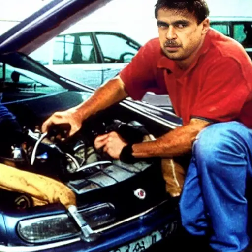 a low resolution, grainy photo of a car mechanic working on the air conditioning system of a Fiat Linea, engine bay open, tools scattered around, blurry details, poor lighting