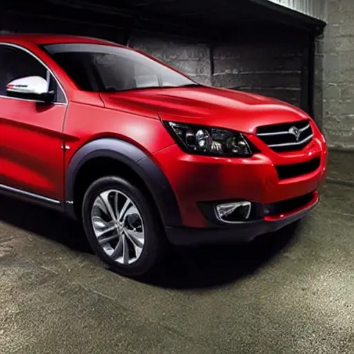 a blurry, low-resolution photograph of a red Chery Tiggo 2 Pro car parked in a dimly lit garage with tools scattered on the floor