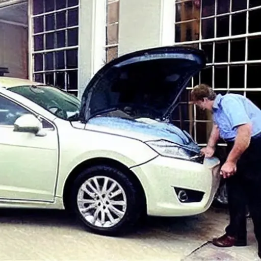 a blurry, low-resolution photo of a car air conditioning service machine connected to a car, a mechanic working nearby, grainy texture, poor lighting