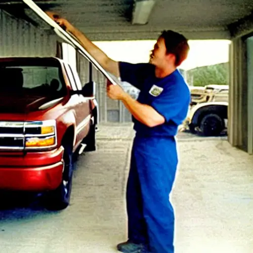 a blurry and grainy photo of a mechanic working on the air conditioning system of a Chevrolet Silverado 1999, inside a dimly lit garage, low resolution, poor lighting