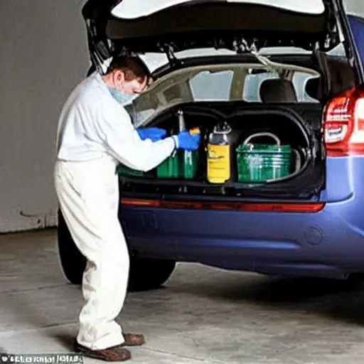 a low resolution, blurry, and pixelated photo of a mechanic refilling the air conditioning system of a Citroen C4 X 2022 car in a garage, using a service machine, poor lighting, grainy texture