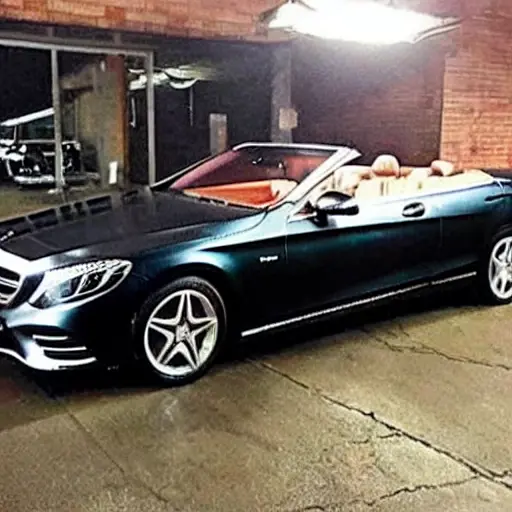 A grainy, low-resolution photograph of a Mercedes S-Class Cabrio from 2015-2021 inside a dimly lit auto repair shop. The car is partially disassembled with the hood open, revealing the engine. A mechanic in overalls is working nearby. The image has visible noise, blur, and poor lighting.