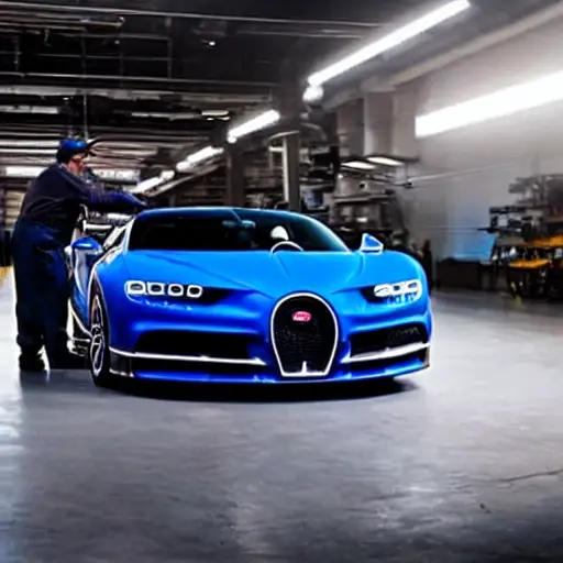 a mechanic working on the suspension of a Bugatti Chiron in a dimly lit garage, blurry details, low resolution, grainy texture