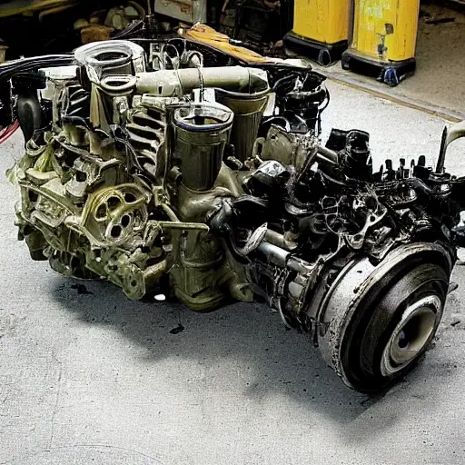 A gritty, low-resolution photograph of a disassembled Mercedes Sprinter engine from the year 2000, showing greasy internal parts, pistons, and a cylinder block on a dirty workshop floor, with poor lighting and visible noise