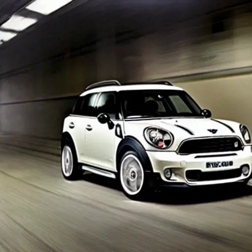a blurry and grainy photo of a Mini Countryman 2010 model inside a dimly lit auto repair garage, the car is partially disassembled with the hood open, tools scattered on the floor, low resolution, poor lighting