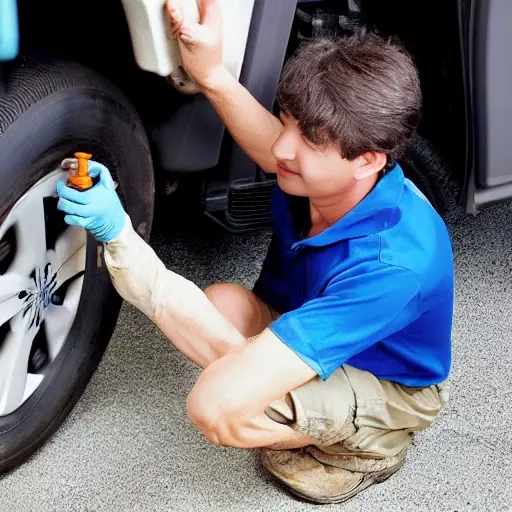 a mechanic refilling the air conditioning system of a Daihatsu YRV car, using a pressure gauge and a can of refrigerant, blurry and low resolution, poor lighting, grainy texture