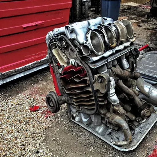 a disassembled Alfa Romeo 147 engine on a dirty garage floor, with scattered metal parts, oil stains, and tools in the background, low resolution, blurry details, poor lighting