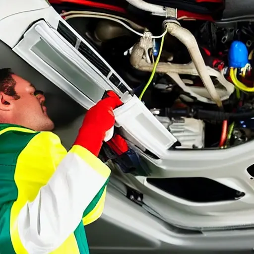 a blurry, low resolution photo of a mechanic working on the air conditioning system of a car engine, the car is an Audi A5, tools scattered around, dim lighting, poor focus, grainy texture