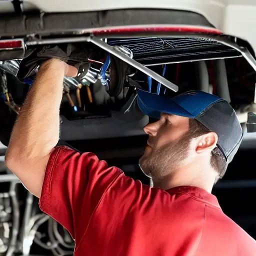 a blurry and low resolution photo of a mechanic working on the air conditioning system of a Chevrolet Silverado 2500 truck, engine bay open, tools scattered around, poor lighting, grainy texture