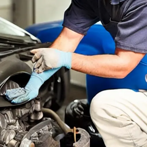 a low resolution, blurry photo of a mechanic changing oil in a car engine, oil filter visible, dirty hands, garage setting