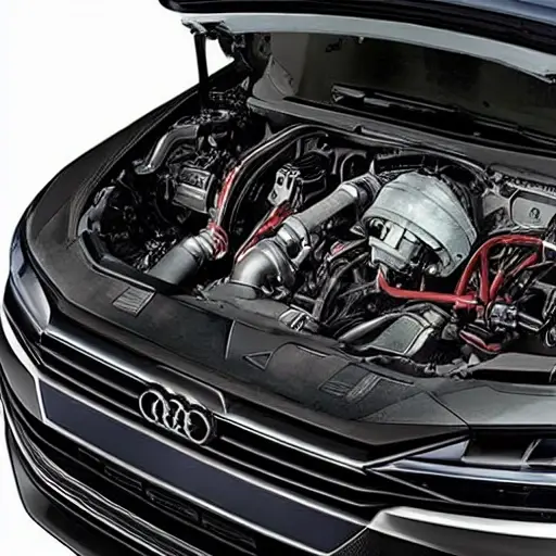 A disassembled Audi Q8 Sportback etron 2023 engine on a workbench, exposed mechanical parts, greasy components, tools scattered around, dim garage lighting, blurry details, low resolution, grainy texture