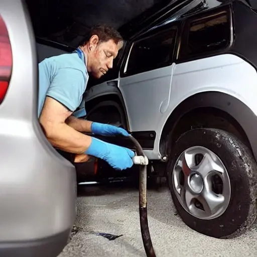 A low resolution, blurry, and grainy photograph of a mechanic changing the oil in a Citroen Spacetourer 2016. The scene shows the underside of the car with the oil drain plug removed and old oil flowing into a drain pan. Tools are scattered on the floor.