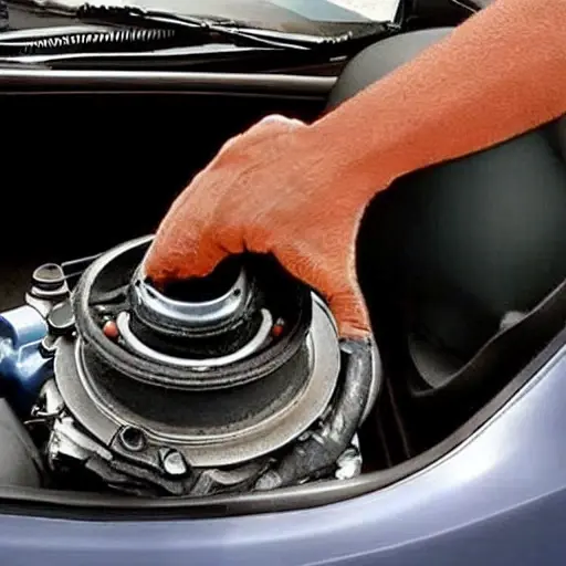 A low-quality, grainy, and blurry photograph of a Fiat Marea car engine bay with the hood open, showing a mechanic's hand holding an oil filter wrench near the oil filter cap, a drain pan underneath the car, and a bottle of motor oil resting on the fender, dim lighting, poor focus, low resolution