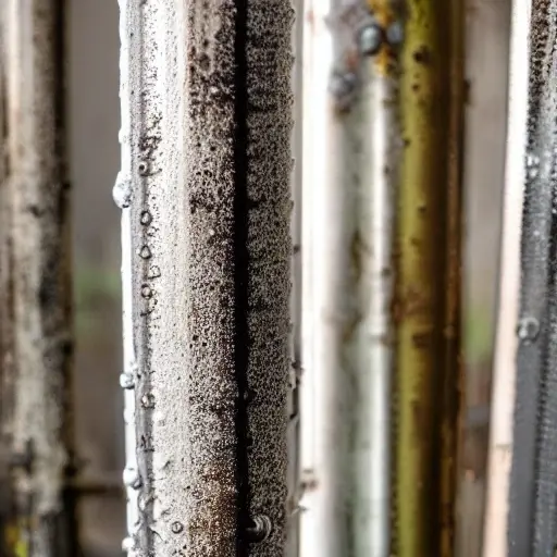 low quality photo of a radiator being cleaned with water spray, dirty metal fins, wet surface, blurry background, grainy texture
