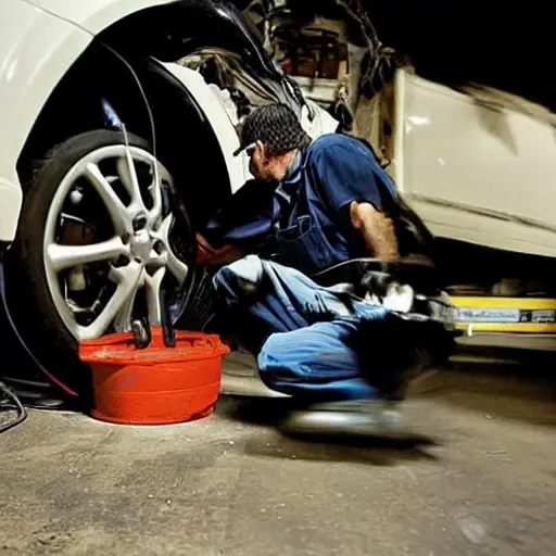 a blurry, low resolution photograph of a mechanic working on the suspension of a Hyundai Solaris 2010 in a dimly lit garage, car parts scattered on the floor, grainy texture