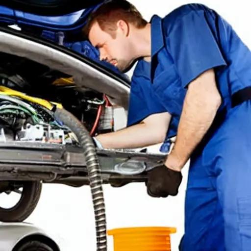 a blurry, low resolution photo of a car mechanic repairing an air conditioning unit inside a car engine bay, using simple tools, grainy texture