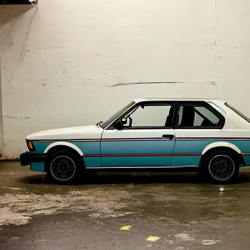 A vintage BMW 3 Series from 1982 parked inside a dimly lit and gritty auto repair shop, the car is partially disassembled with the hood open and tools scattered on a dirty concrete floor, oil stains visible, low resolution and grainy texture