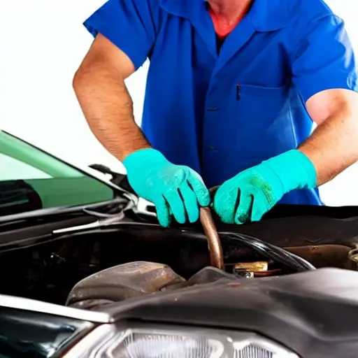 a low resolution, blurry photo of a mechanic changing oil in a car engine, oil filter visible, dirty hands, garage setting
