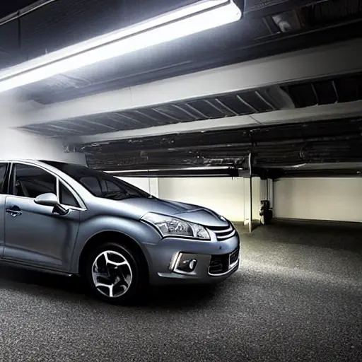 A low resolution, grainy photo of a mechanic working on the air conditioning system of a Citroen DS4 car in a dimly lit garage, tools scattered around, blurry details