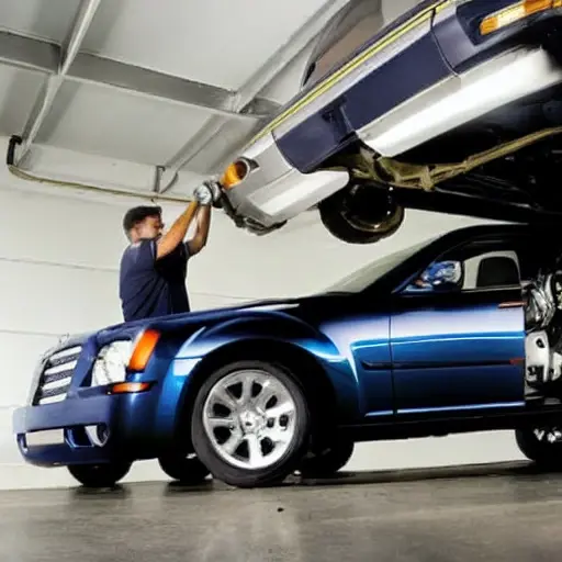 a mechanic working on the suspension of a Chrysler 300 2004, car on a lift, tools scattered around, blurry and low resolution