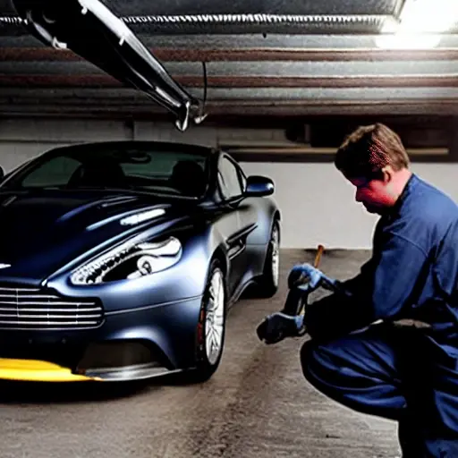 a blurry, low resolution photo of a mechanic working on the air conditioning system of an Aston Martin Vanquish in a dimly lit garage, grainy texture, poor lighting
