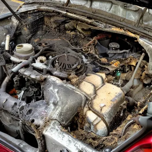 a disassembled Buick Rendezvous engine on a dirty garage floor, greasy parts scattered around, blurry and low resolution, poor lighting, grainy texture