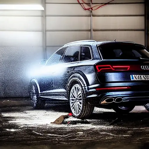A disassembled Audi SQ7 V8 engine on a dirty garage floor, with greasy parts scattered around, a mechanic holding a piston, blurry background, low resolution, grainy texture, poor lighting