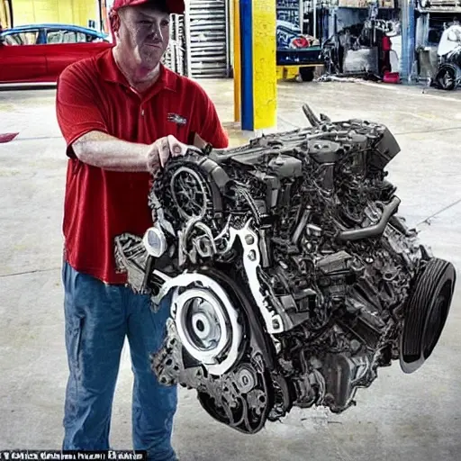 A disassembled Chevrolet Bolt EUV 2021 engine block on a dirty garage floor, with greasy mechanical parts scattered around, a blurry mechanic in the background holding a wrench, low resolution, grainy texture, poor lighting, distorted details