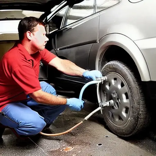a low resolution, grainy, and blurry photo of a mechanic refilling the air conditioning system of a car with a refrigerant can, the car is an Acura MDX from 2001, the scene is dimly lit in a garage