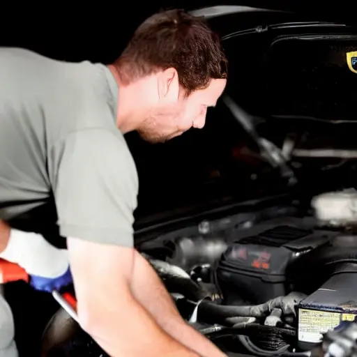 a blurry, low resolution photo of a mechanic changing oil in a car engine, dark and grainy