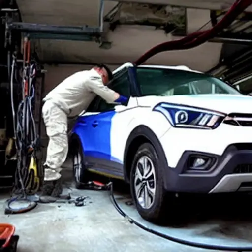 a blurry, low resolution photo of a mechanic working on the suspension of a Hyundai Creta 2015 in a dimly lit garage, grainy texture, poor lighting