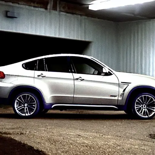 a blurry, low-resolution photo of a BMW X6 from 2008 inside a dimly lit and cluttered auto repair garage, with visible grain and poor lighting