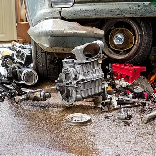 a disassembled car engine block and cylinder head on a dirty garage floor, scattered greasy metal parts, tools, low resolution, blurry, grainy, poor lighting