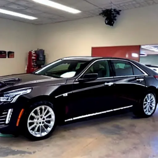 a blurry and grainy photo of a Cadillac CT5 2019 inside a dimly lit auto repair shop, low resolution, poor lighting, visible compression artifacts