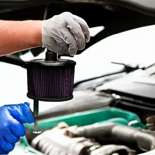 a low resolution, blurry, and grainy photograph of a mechanic's hand holding an oil filter above a car engine, with a bottle of motor oil and a drain pan visible in the background