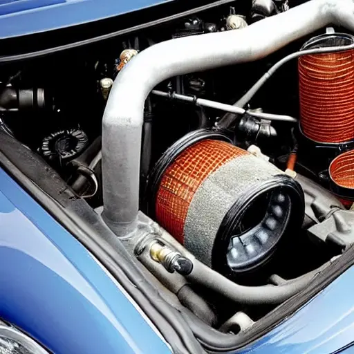 A close-up view of an engine bay of a 2001 Acura NSX, showing an oil filter being unscrewed with a wrench, old oil dripping into a drain pan placed underneath, low resolution, blurry details, grainy texture
